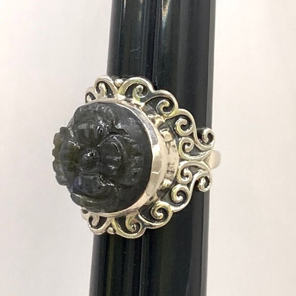 Carved Tanzanite Gemstone Flower Sterling Silver Asian Style Beautiful Ring Sz 6 - Picture 3 of 8
